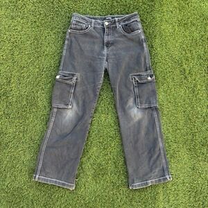 Telepatia Wide Leg Cargo Jeans 30x28 Y2K Skater Streetwear Stitch Black Grunge